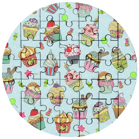 Cupcake Doodle Pattern Wooden Puzzle Round from ArtsNow.com