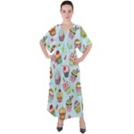 Cupcake Doodle Pattern V-Neck Boho Style Maxi Dress