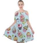 Cupcake Doodle Pattern Cut Out Shoulders Chiffon Dress