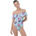 Cupcake Doodle Pattern Frill Detail One Piece Swimsuit