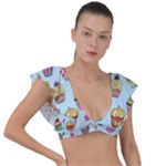 Cupcake Doodle Pattern Plunge Frill Sleeve Bikini Top