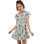 Cupcake Doodle Pattern Flutter Sleeve Wrap Dress