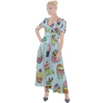 Cupcake Doodle Pattern Button Up Short Sleeve Maxi Dress