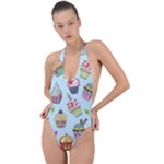 Cupcake Doodle Pattern Backless Halter One Piece Swimsuit