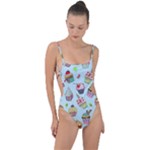 Cupcake Doodle Pattern Tie Strap One Piece Swimsuit