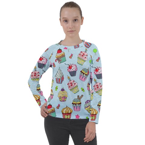 Cupcake Doodle Pattern Women s Long Sleeve Raglan Tee from ArtsNow.com