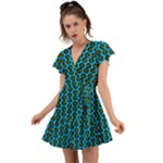 0059 Comic Head Bothered Smiley Pattern Flutter Sleeve Wrap Dress