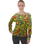 Colorful brush strokes painting on a green background                                                  Off Shoulder Long Sleeve Velour Top