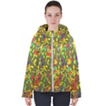 Colorful brush strokes painting on a green background                                                   Women s Hooded Puffer Jacket