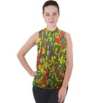 Colorful brush strokes painting on a green background                                                  Mock Neck Chiffon Sleeveless Top