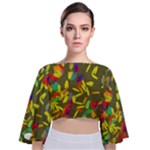 Colorful brush strokes painting on a green background                                                  Tie Back Butterfly Sleeve Chiffon Top