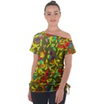 Colorful brush strokes painting on a green background                                                   Off Shoulder Tie-Up Tee