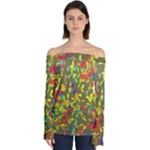 Colorful brush strokes painting on a green background                                                 Off Shoulder Long Sleeve Top