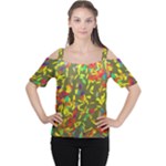 Colorful brush strokes painting on a green background                                                    Women s Cutout Shoulder Tee