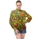 Colorful brush strokes painting on a green background                                                  High Neck Long Sleeve Chiffon Top