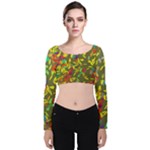 Colorful brush strokes painting on a green background                                                   Velvet Long Sleeve Crop Top