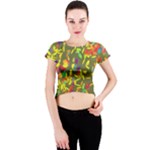 Colorful brush strokes painting on a green background                                                    Crew Neck Crop Top