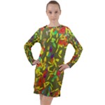 Colorful brush strokes painting on a green background                                                      Long Sleeve Hoodie Dress