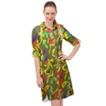 Colorful brush strokes painting on a green background                                                       Long Sleeve Mini Shirt Dress