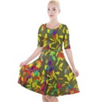 Colorful brush strokes painting on a green background                                                       Quarter Sleeve A-Line Dress