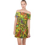 Colorful brush strokes painting on a green background                                                  Off Shoulder Chiffon Dress