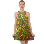 Colorful brush strokes painting on a green background                                                       Halter Tie Back Chiffon Dress