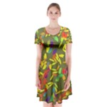 Colorful brush strokes painting on a green background                                                        Short Sleeve V-neck Flare Dress