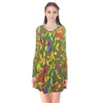 Colorful brush strokes painting on a green background                                                   Long Sleeve V-neck Flare Dress