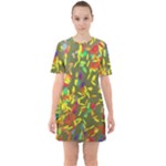 Colorful brush strokes painting on a green background                                                       Sixties Short Sleeve Mini Dress