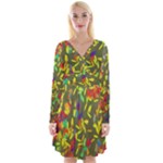 Colorful brush strokes painting on a green background                                                       Long Sleeve Front Wrap Dress