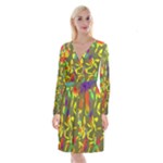 Colorful brush strokes painting on a green background                                                        Long Sleeve Velvet Front Wrap Dress