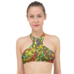 Colorful brush strokes painting on a green background                                                   High Neck Bikini Top