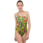 Colorful brush strokes painting on a green background                                                   Classic One Shoulder Swimsuit