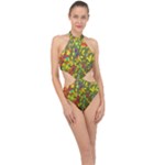 Colorful brush strokes painting on a green background                                                   Halter Side Cut Swimsuit