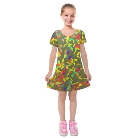 Colorful brush strokes painting on a green background                                                        Kids  Short Sleeve Velvet Dress from ArtsNow.com