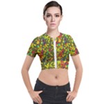 Colorful brush strokes painting on a green background                                                    Short Sleeve Cropped Jacket