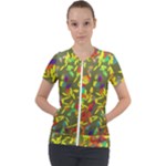 Colorful brush strokes painting on a green background                                                   Short Sleeve Zip Up Jacket