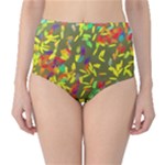 Colorful brush strokes painting on a green background                                                    High-Waist Bikini Bottoms