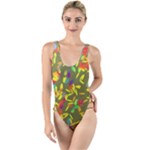 Colorful brush strokes painting on a green background                                                  High Leg Strappy Swimsuit