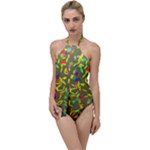 Colorful brush strokes painting on a green background                                                  Go with the Flow One Piece Swimsuit