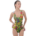 Colorful brush strokes painting on a green background                                                    Side Cut Out Swimsuit