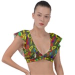 Colorful brush strokes painting on a green background                                                    Plunge Frill Sleeve Bikini Top