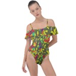 Colorful brush strokes painting on a green background                                                   Frill Detail One Piece Swimsuit