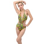 Colorful brush strokes painting on a green background                                                    Plunging Cut Out Swimsuit