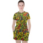 Colorful brush strokes painting on a green background                                                    Women s Mesh Tee and Shorts Set