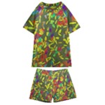 Colorful brush strokes painting on a green background                                                  Kids  Swim Tee and Shorts Set