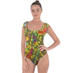 Colorful brush strokes painting on a green background                                                    Short Sleeve Leotard