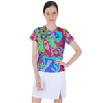 Colorful distorted shapes on a grey background                                                   Women s Mesh Sports Top