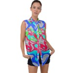 Colorful distorted shapes on a grey background                                                    Sleeveless Chiffon Button Shirt