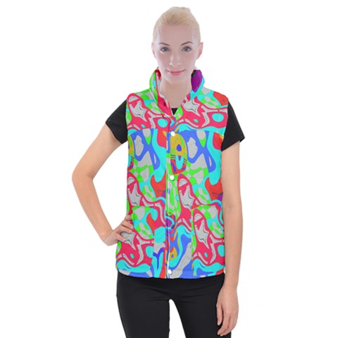 Colorful distorted shapes on a grey background                                                  Women s Button Up Puffer Vest from ArtsNow.com